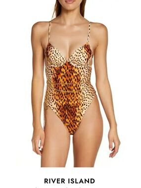 River Island Leopard-Print One-Piece Swimsuit in Tan and Orange Size 18